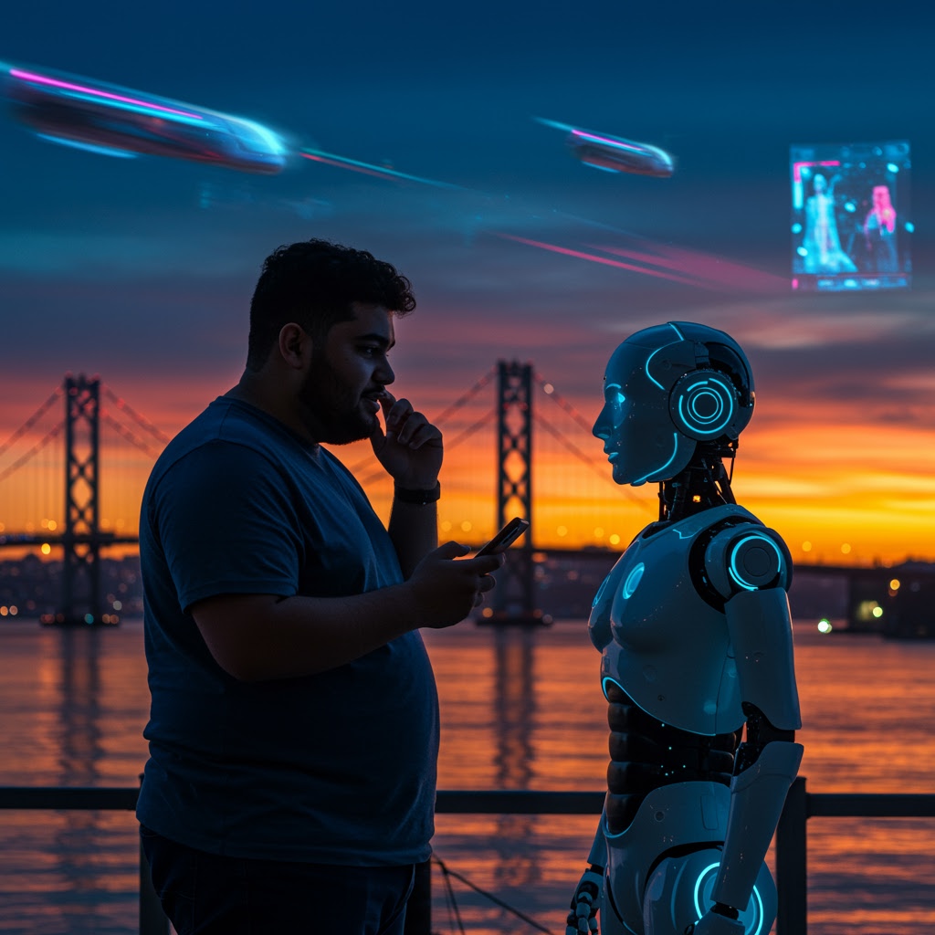 A man stands on a San Francisco boardwalk at sunset, holding a phone and facing a humanoid robot with glowing blue lights. Bridges and flying vehicles fill the background, while a digital screen floats over the futuristic cityscape.