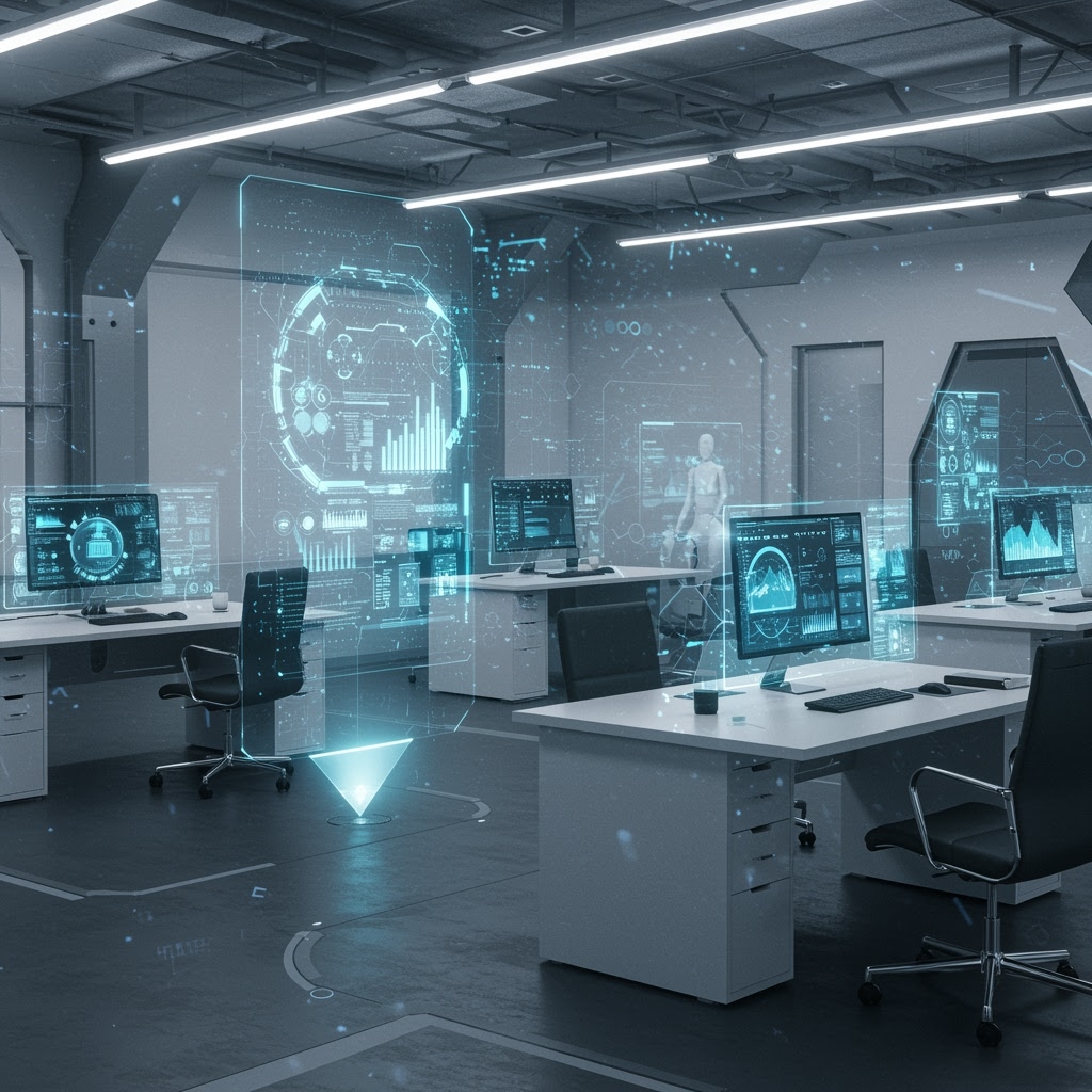 A modern, high-tech office with white desks, black chairs, and large monitors displaying blue holographic data and charts. Transparent digital interfaces powered by Artificial Intelligence float in the air, hinting at the capabilities of Plis Chat Me in this futuristic room.