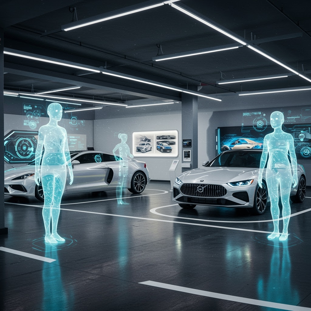 A futuristic car showroom features two sleek white cars and several translucent blue holographic human figures, illustrating the role of Artificial Intelligence. Digital screens displaying vehicle data highlight a modern, high-tech atmosphere under bright lights.