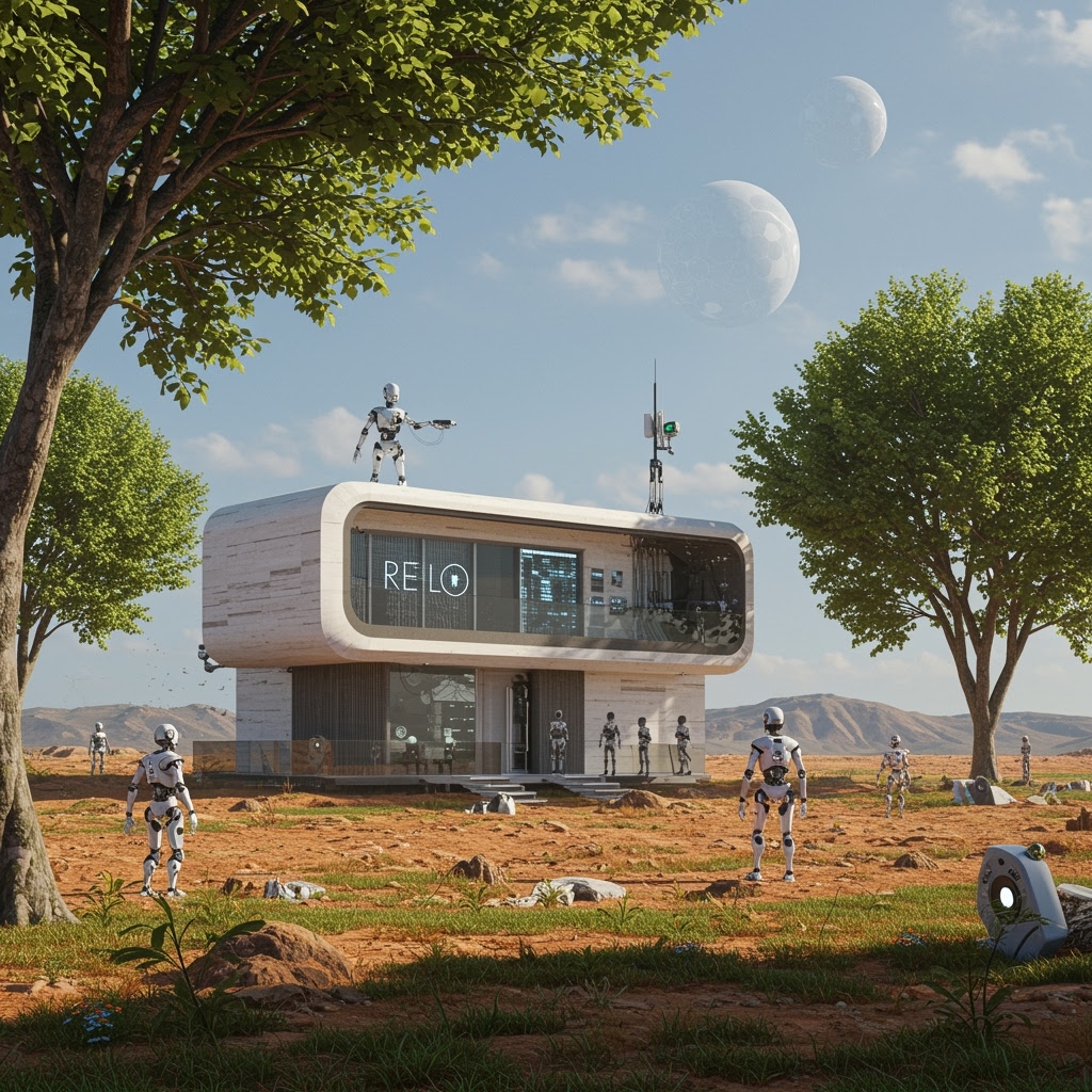 A modern, futuristic building named "RELO" stands tall in a desert landscape with green trees. AI-powered robots are scattered around, some standing, one on the rooftop. Two moons shine above distant rocky hills, blending technology and nature.