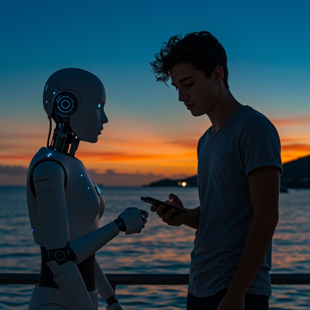 A young man holding a smartphone stands by the sea at sunset in the British Virgin Islands, facing a humanoid robot with glowing blue lights. The vibrant sky and distant hills enhance this captivating moment of human-robot interaction.