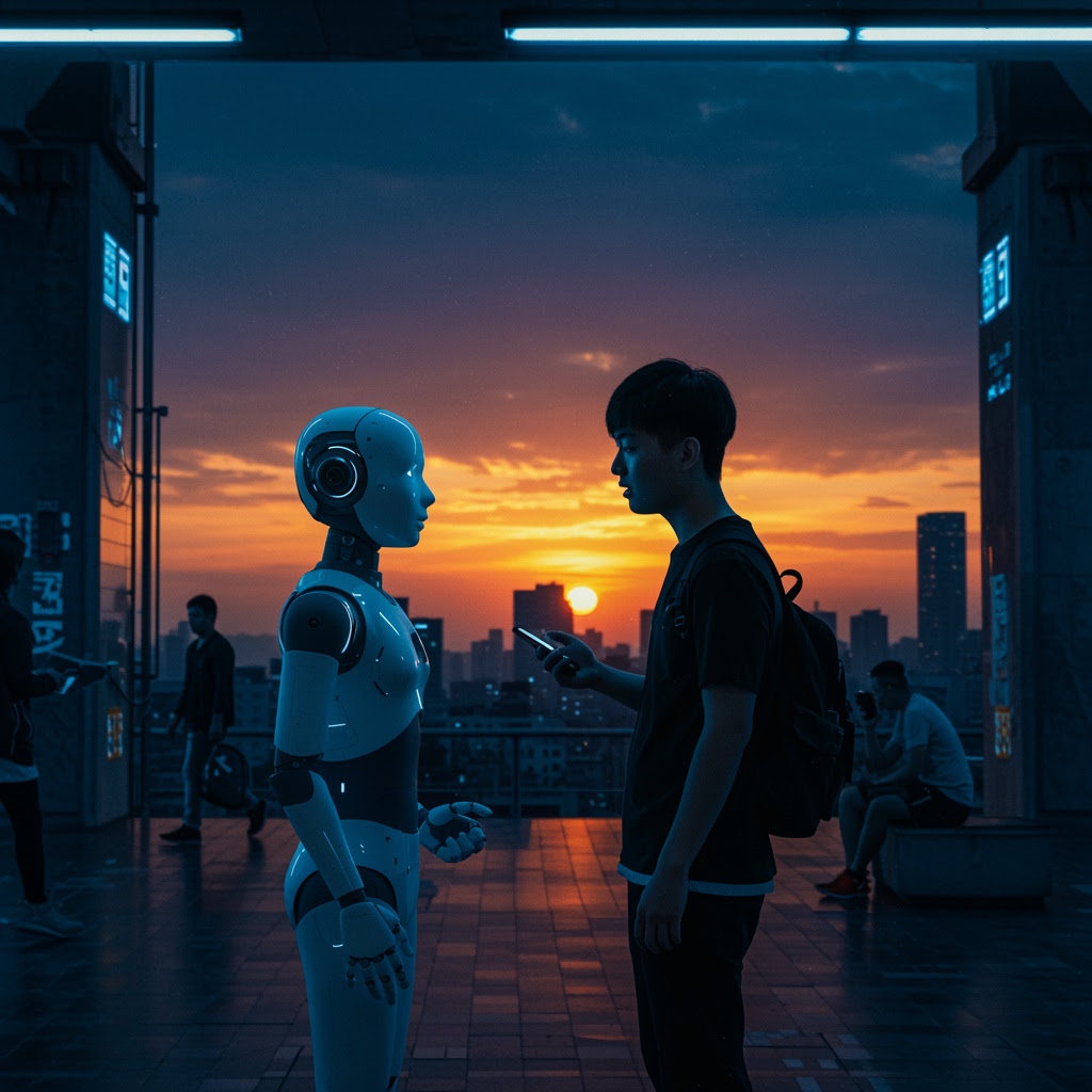A human and a humanoid robot face each other on a rooftop at sunset, with the China skyline in the background. The human holds a phone, while others sit or walk nearby, all illuminated by orange and blue light in this futuristic urban scene.