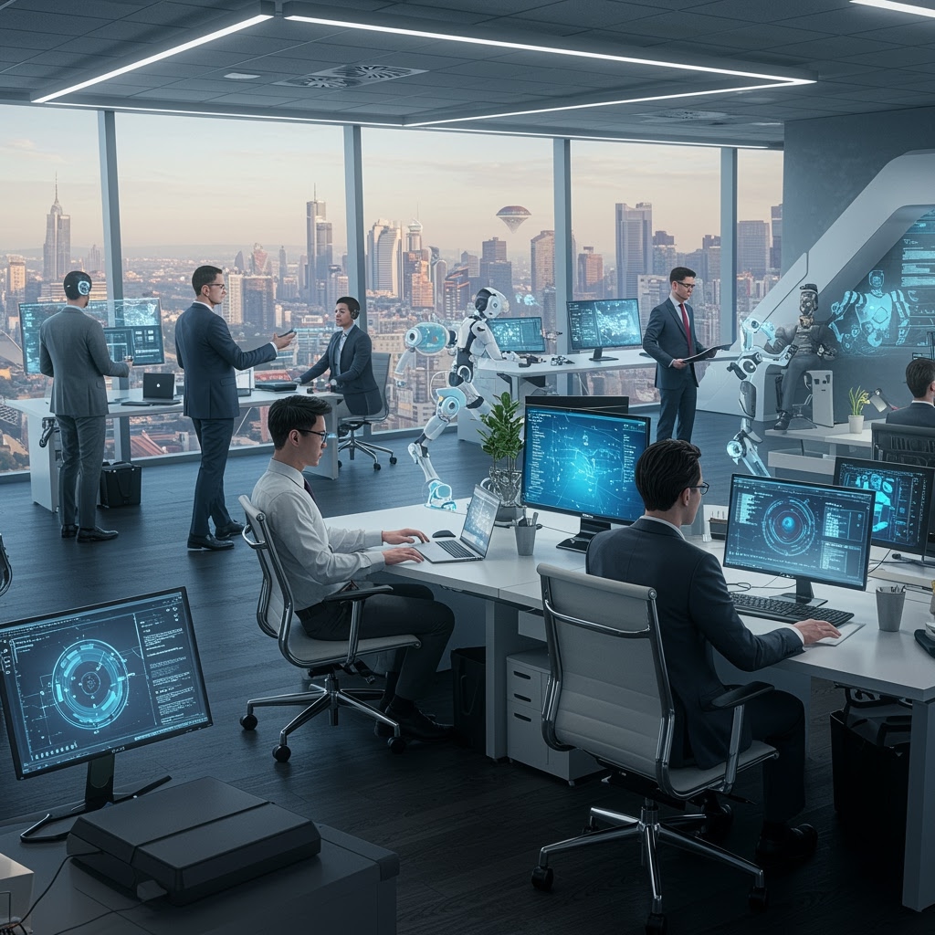 A modern office with large windows overlooking a city skyline, where people and robots collaborate at workstations equipped with multichannel CRM systems displaying futuristic digital interfaces and holograms in a technologically advanced environment.