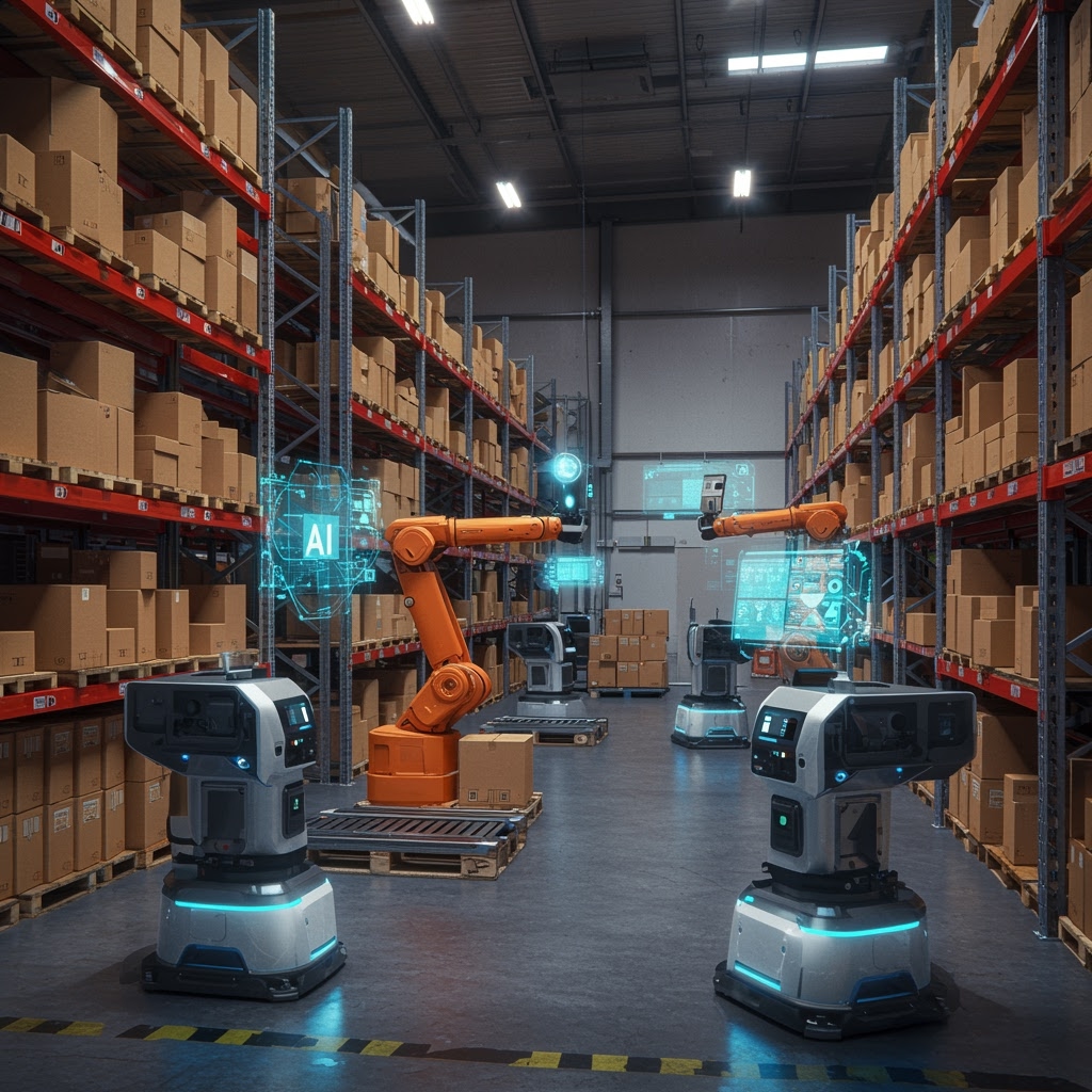 A modern warehouse with high box shelving, robotic arms lifting packages, and autonomous robots roaming the aisles. Floating above the robots are digital holograms displaying Artificial Intelligence data, highlighting a technology-driven logistics environment.