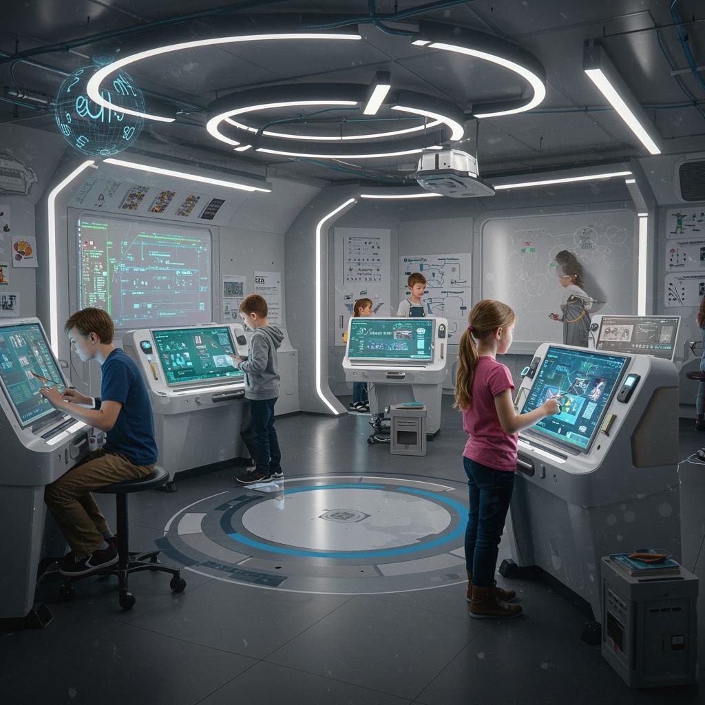 Several children interact with futuristic AI-powered touchscreen consoles in a high-tech, sci-fi classroom. Holographic displays and LED lights fill the sleek room as a teacher supervises and guides the students' activities.