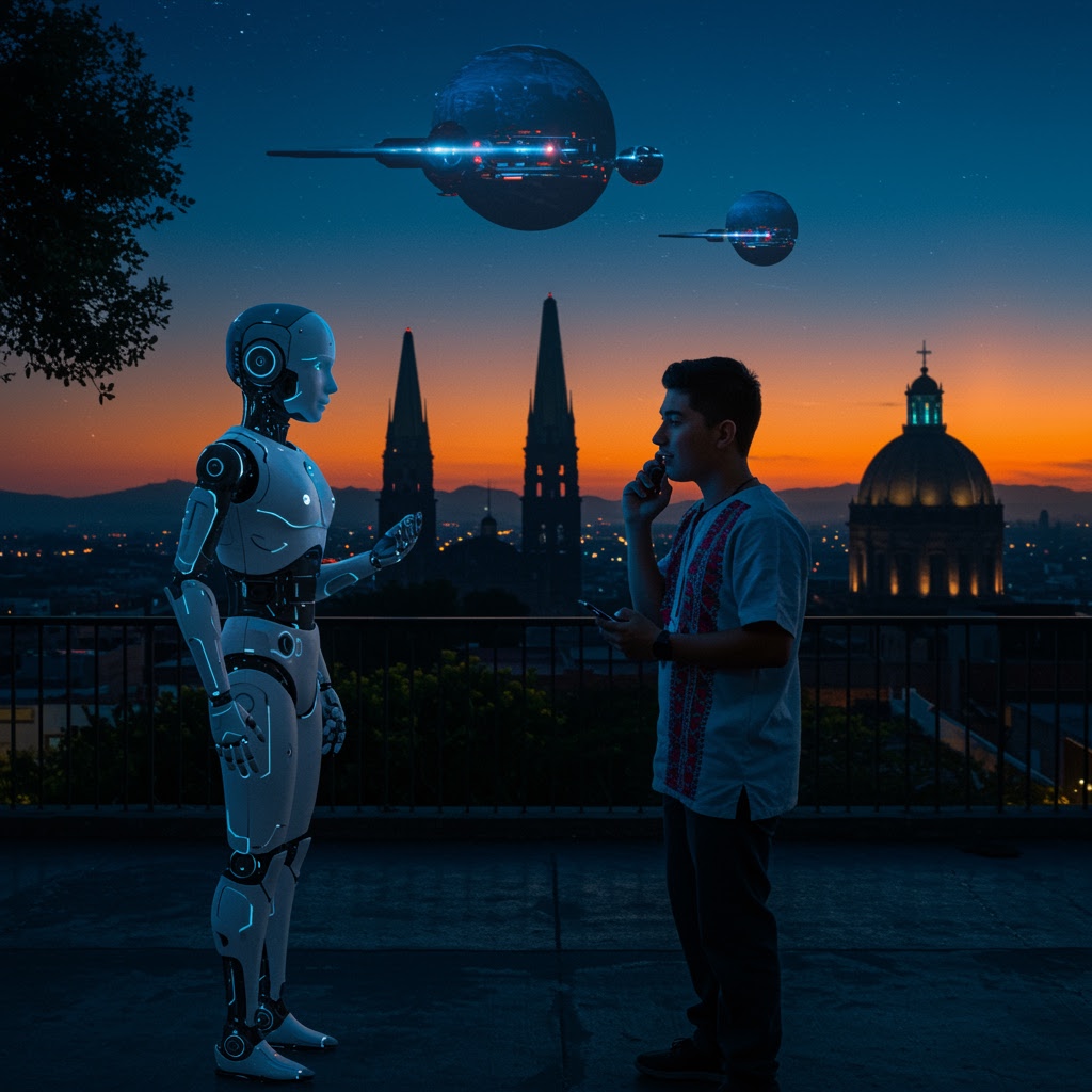 A humanoid robot and a young person meet face-to-face on a terrace at sunset in Guadalajara, with the city skyline and church domes in the background. Both are holding smartphones, while futuristic spacecraft glide above them: the presence of artificial intelligence unites their world.