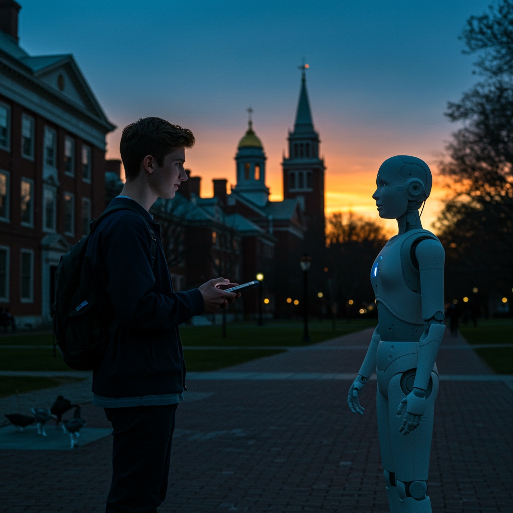 A teenager with a backpack stands in front of a humanoid robot on a brick pathway at sunset, with the historic buildings of the Harvard campus and spires in the background. The boy holds a phone while the robot's chest lights glow; trees and lampposts line the path.