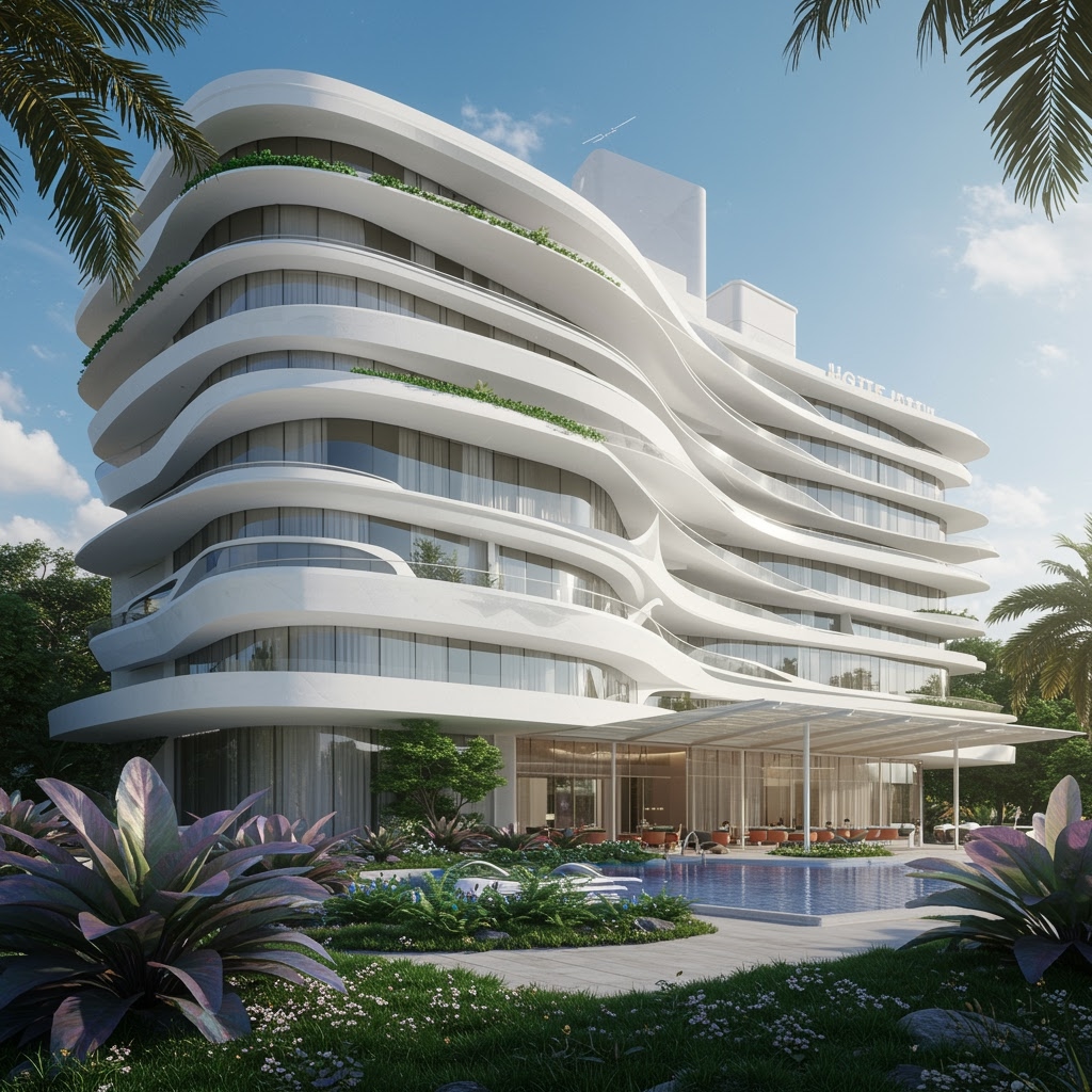 A modern multi-story white hotel with curved balconies and glass walls overlooks a landscaped garden and a rectangular pool. Palm trees surround the area, while guests can use Plis Chat Me to enhance their stay under the blue sky.