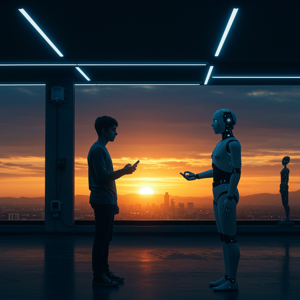 A young man with a smartphone faces a humanoid robot in a modern skyscraper room at sunset. The city skyline and the orange sun blend with a distant view of the mountain, seen through large windows. Another robot is partially silhouetted against the vibrant sky.