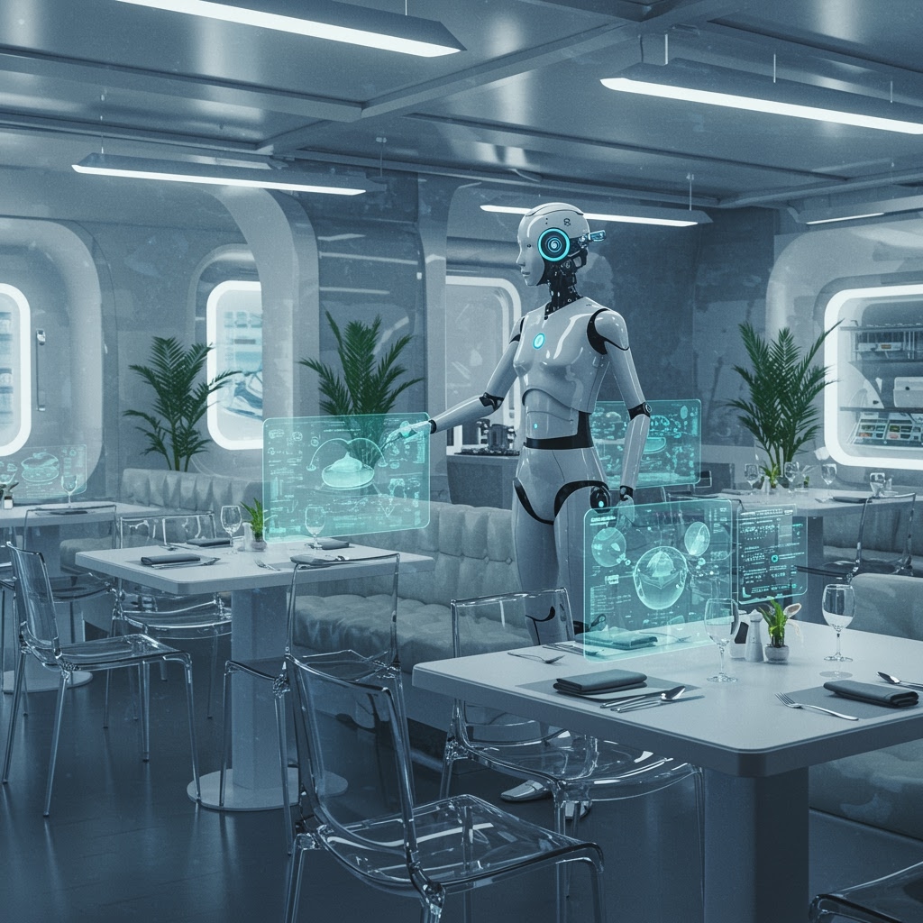 An AI-powered humanoid robot interacts with floating holographic displays in an elegant, futuristic restaurant with glass tables, modern chairs, digital screens, lush green plants, and large windows letting in soft natural light.