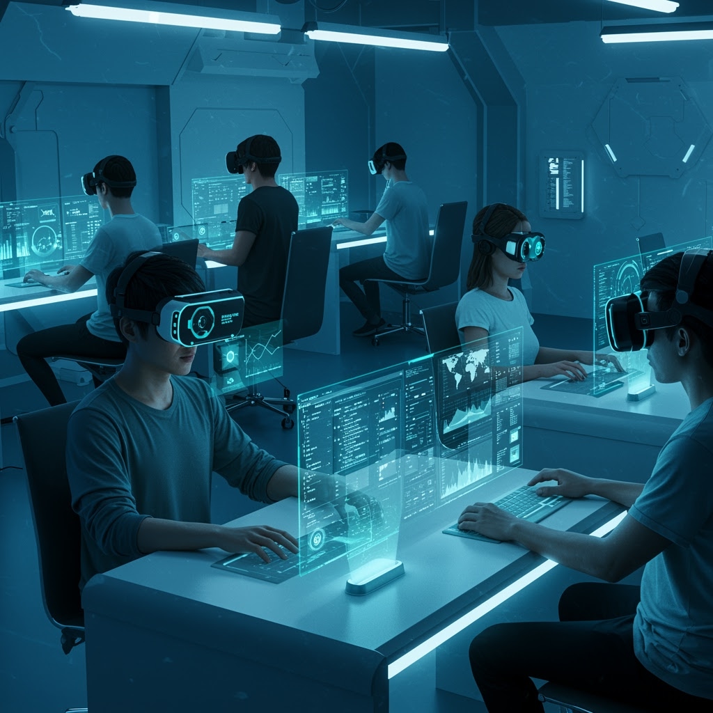 Five people wearing virtual reality headsets sit at desks in a futuristic room and interact with floating holographic Artificial Intelligence screens. Blue light illuminates this high-tech immersive working environment Plis Chat Me.