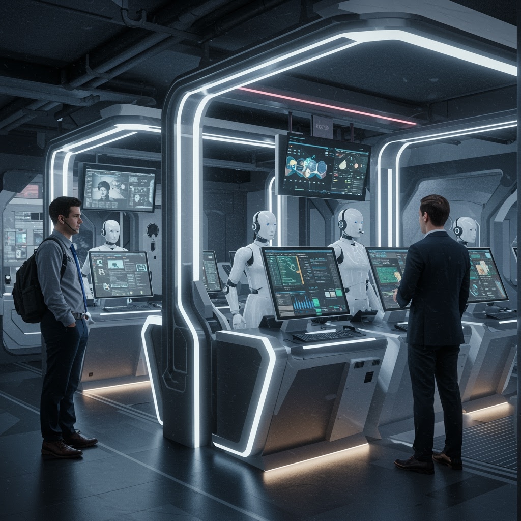 In a futuristic laboratory, humanoid robots powered by Artificial Intelligence interact with computer workstations, while two men in business suits observe. The room, illuminated with neon lights, features digital screens displaying data and an organized high-tech environment.