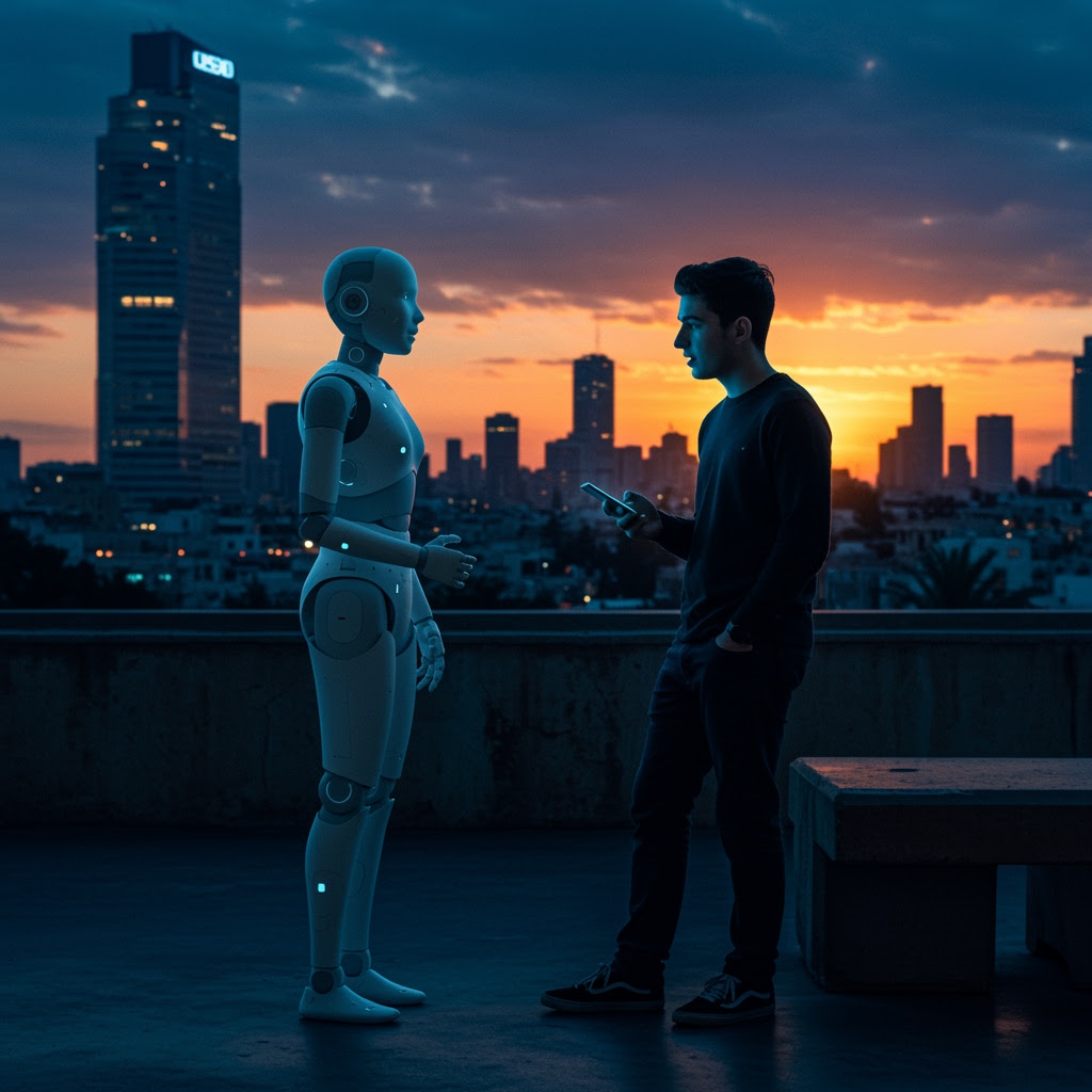A man with a smartphone in his hand is on a rooftop at sunset in Tel Aviv, facing a humanoid robot. In the background, beneath orange, pink, and blue clouds, skyscrapers rise, including a tall building with the sign "USD".