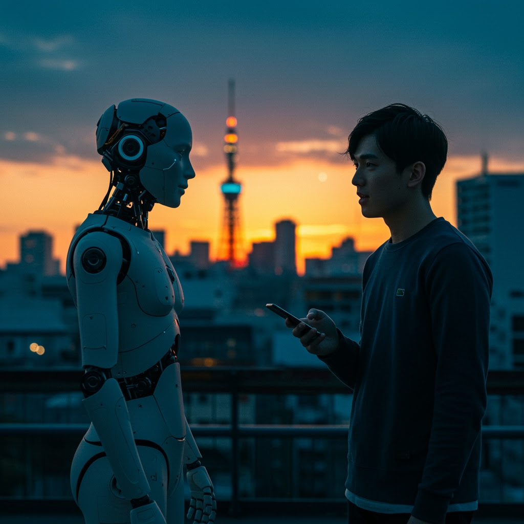 A young man holding a smartphone stands face-to-face with a humanoid robot on a Tokyo rooftop at sunset, with the city's buildings and an illuminated tower in the background, both figures lit by the fading warm light.