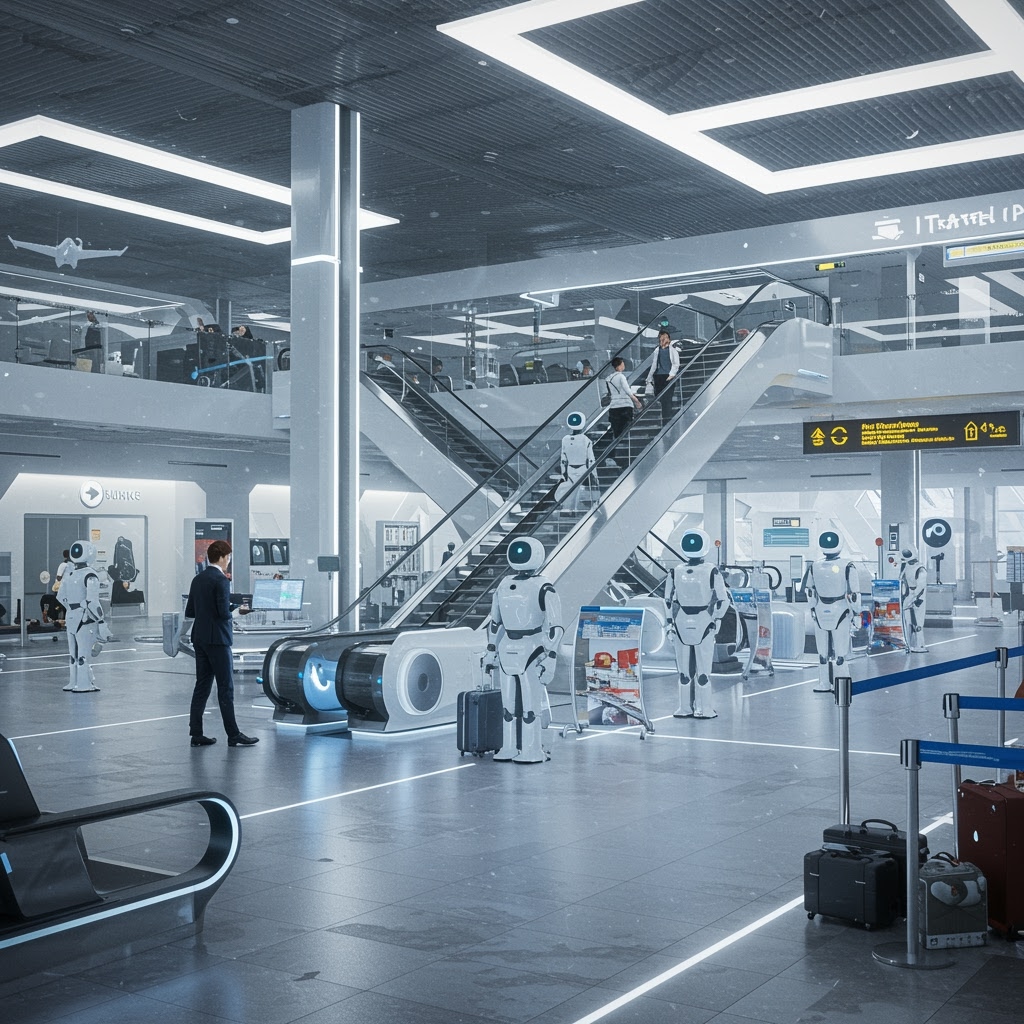 The interior of a futuristic airport with Artificial Intelligence-powered robots helping travelers. People use the escalators while robots in white and blue uniforms prepare to help. Amidst bright, modern architecture, luggage and digital signs are visible.