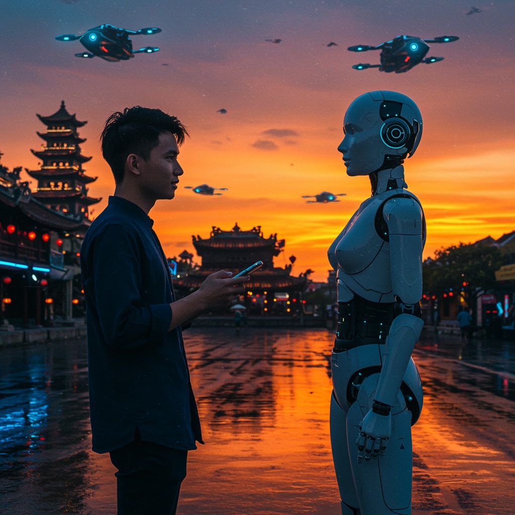 A young man holds a smartphone in front of a humanoid robot on a wet street at sunset in Vietnam. Traditional Asian-style buildings and streetlights line the street, while futuristic flying vehicles glide across the vibrant sky.
