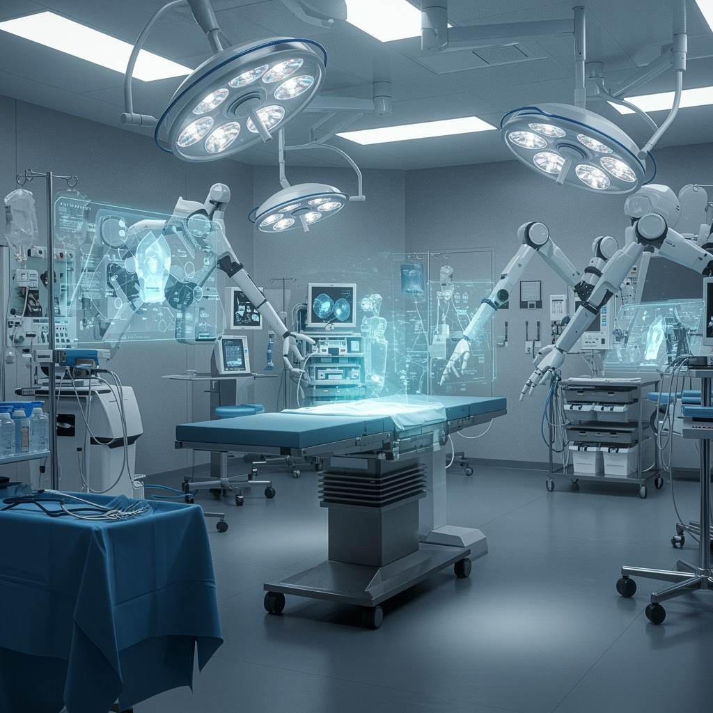 A modern operating room with robotic surgical arms, advanced medical monitors, and holographic Artificial Intelligence displays surrounds an empty surgical table, showcasing a sterile, high-tech environment prepared for a futuristic procedure.
